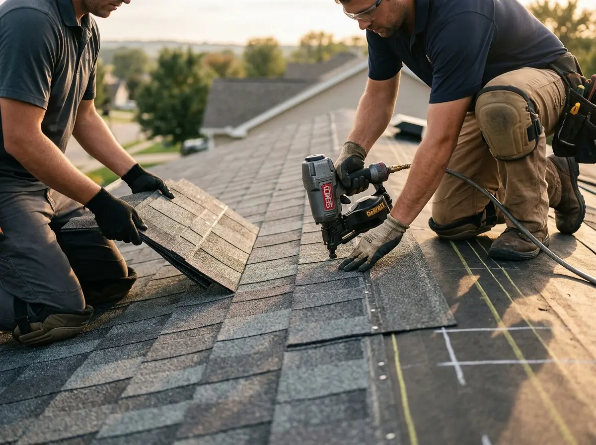 Professional roofer working on a residential roof in Ojus